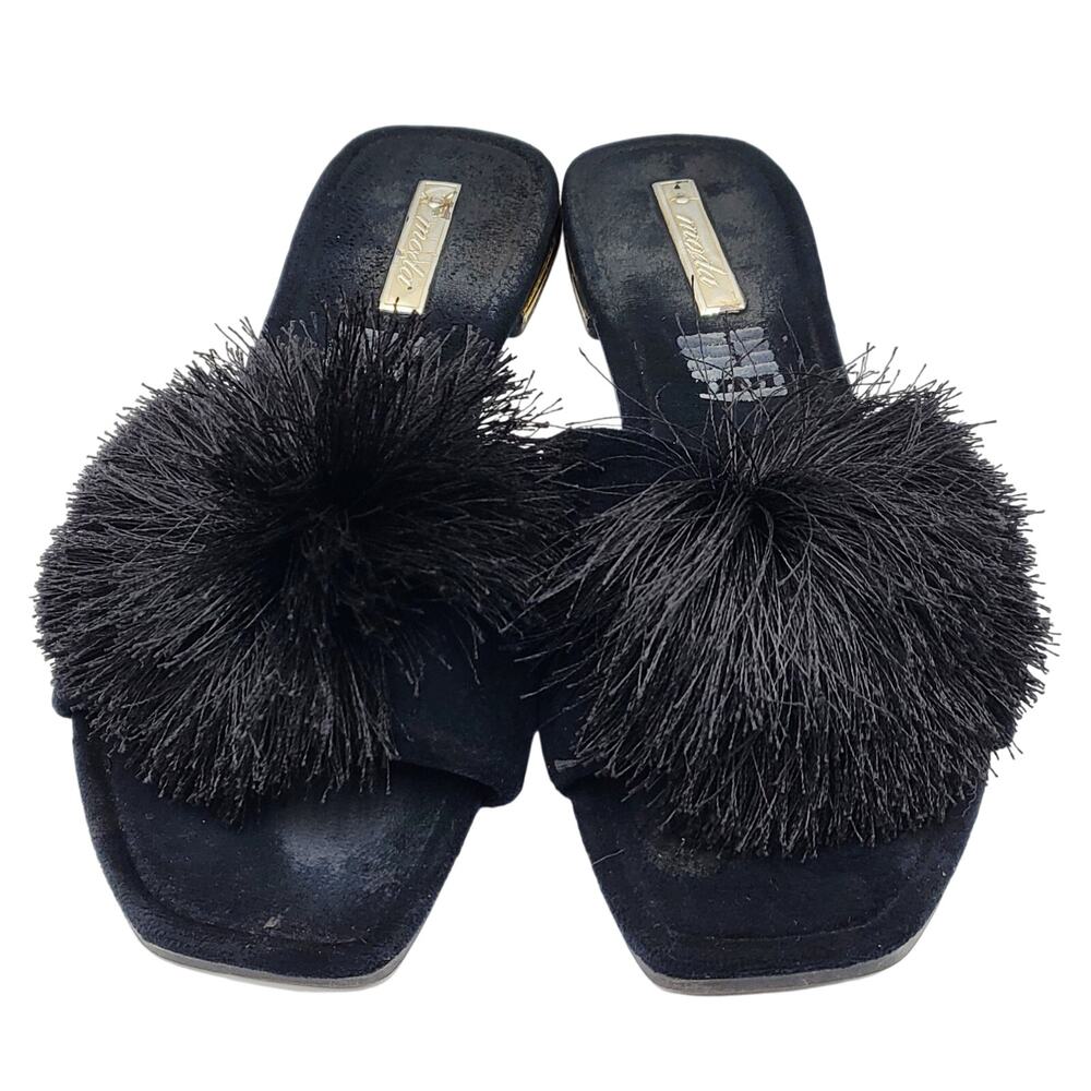 Moda Black Slip-on Slides Open-Toe Flat Pom-Pom Sandals Women's Size 25 - US 8